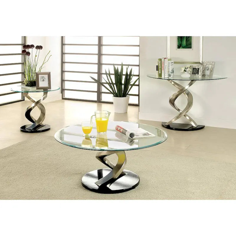 Console demi-lune plaquée satin avec plateau en verre