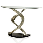 Console demi-lune plaquée satin avec plateau en verre