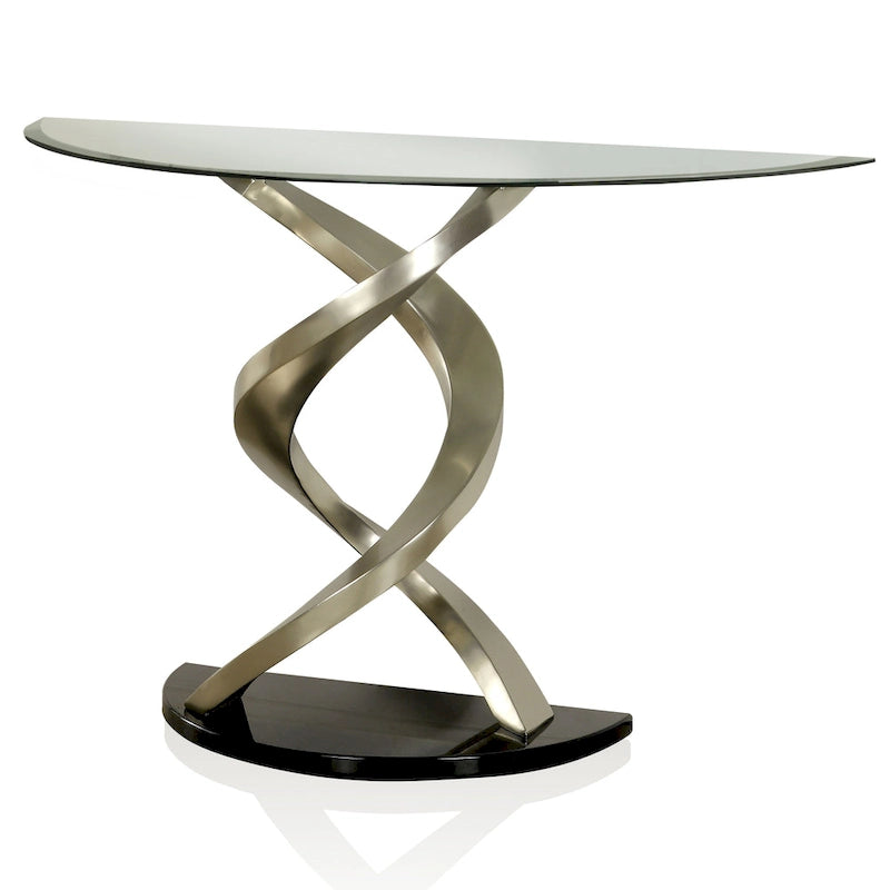 Console demi-lune plaquée satin avec plateau en verre