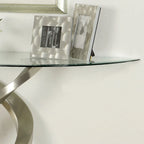 Console demi-lune plaquée satin avec plateau en verre