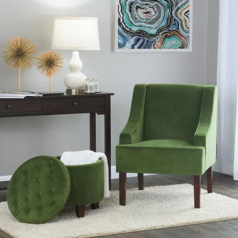 Fauteuil d'appoint individuel en velours vert avec accoudoirs incurvés