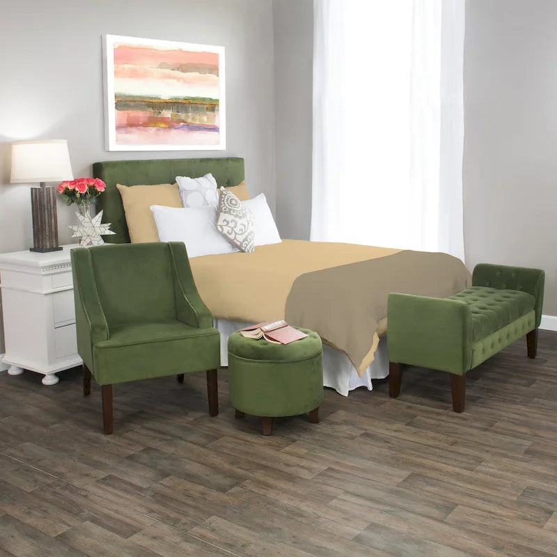 Fauteuil d'appoint individuel en velours vert avec accoudoirs incurvés