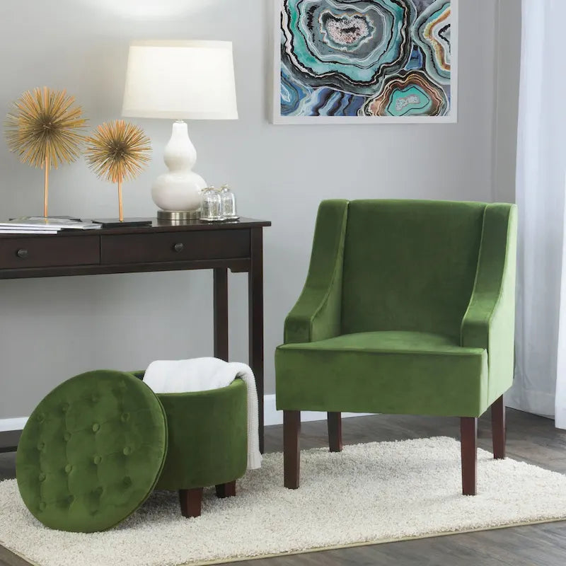Fauteuil d'appoint individuel en velours vert avec accoudoirs incurvés