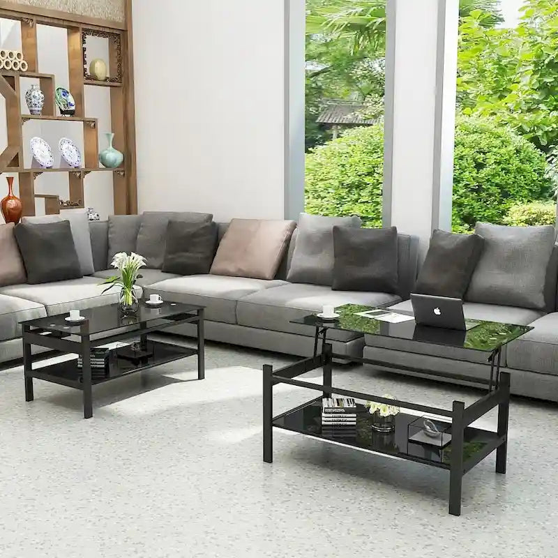 Table basse relevable en verre noir, 1 personne