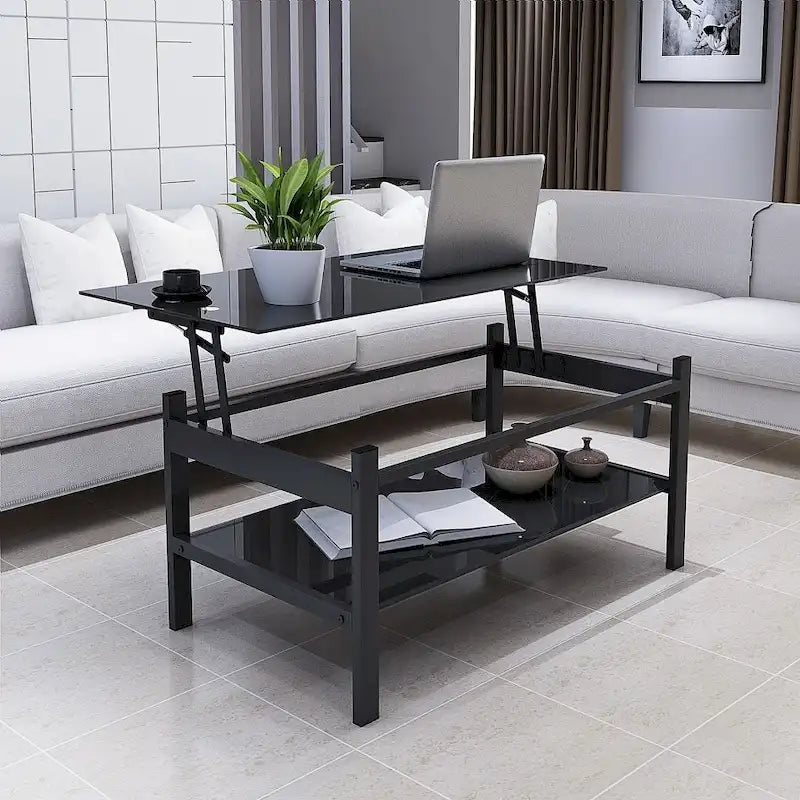 Table basse relevable en verre noir, 1 personne
