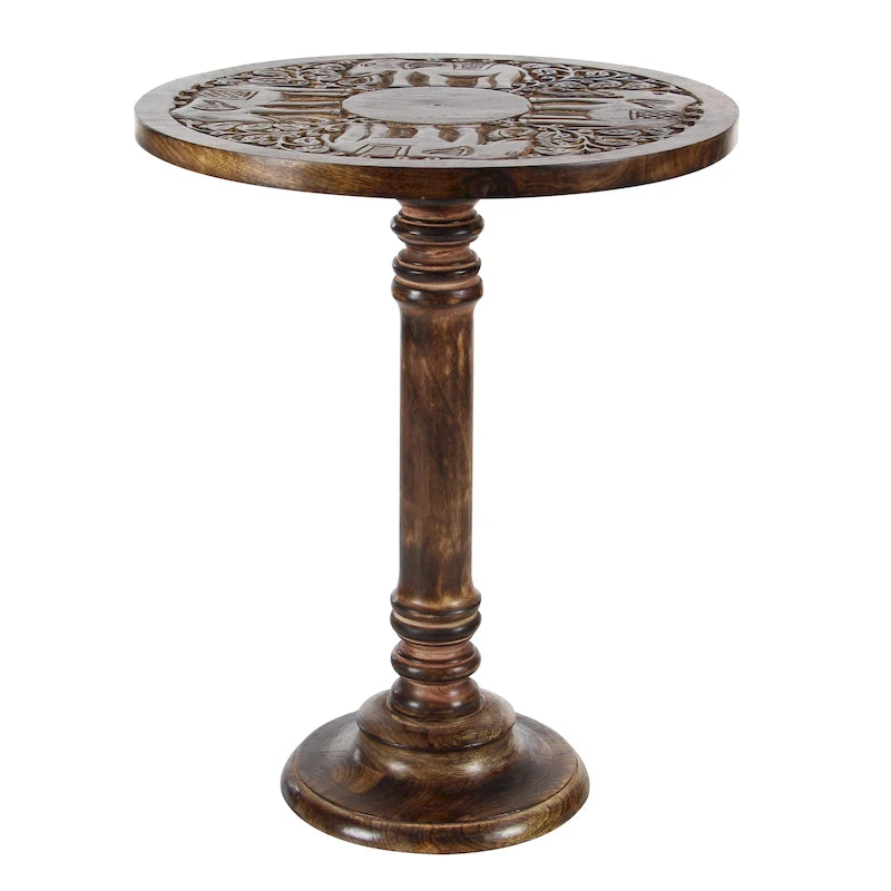 Table d'appoint ronde en bois de manguier brun foncé – Sculptures éléphant / florales
