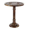 Table d'appoint ronde en bois de manguier brun foncé – Sculptures éléphant / florales