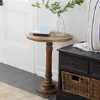 Table d'appoint ronde en bois de manguier brun foncé – Sculptures éléphant / florales
