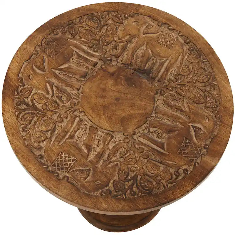 Table d'appoint ronde en bois de manguier brun foncé – Sculptures éléphant / florales