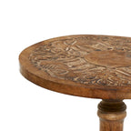 Table d'appoint ronde en bois de manguier brun foncé – Sculptures éléphant / florales