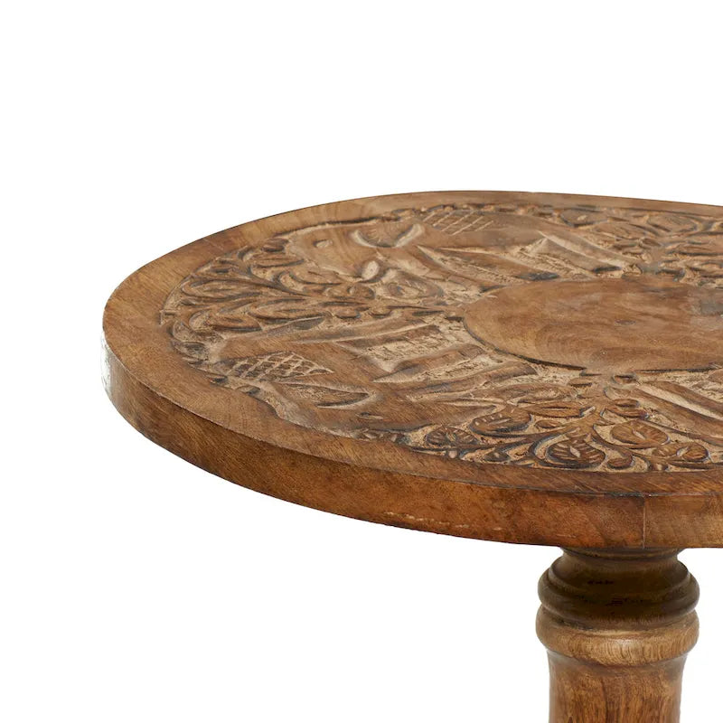 Table d'appoint ronde en bois de manguier brun foncé – Sculptures éléphant / florales