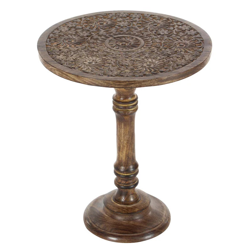 Table d'appoint ronde en bois de manguier brun foncé – Sculptures éléphant / florales