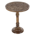 Table d'appoint ronde en bois de manguier brun foncé – Sculptures éléphant / florales