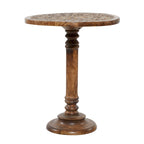 Table d'appoint ronde en bois de manguier brun foncé – Sculptures éléphant / florales