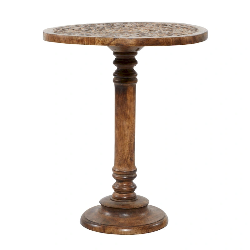 Table d'appoint ronde en bois de manguier brun foncé – Sculptures éléphant / florales