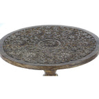 Table d'appoint ronde en bois de manguier brun foncé – Sculptures éléphant / florales