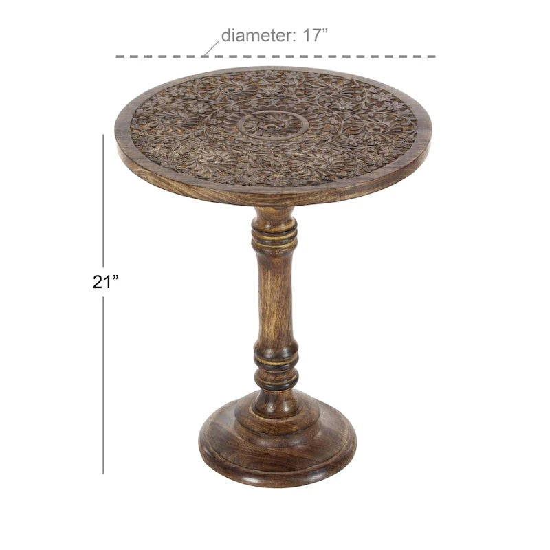 Table d'appoint ronde en bois de manguier brun foncé – Sculptures éléphant / florales