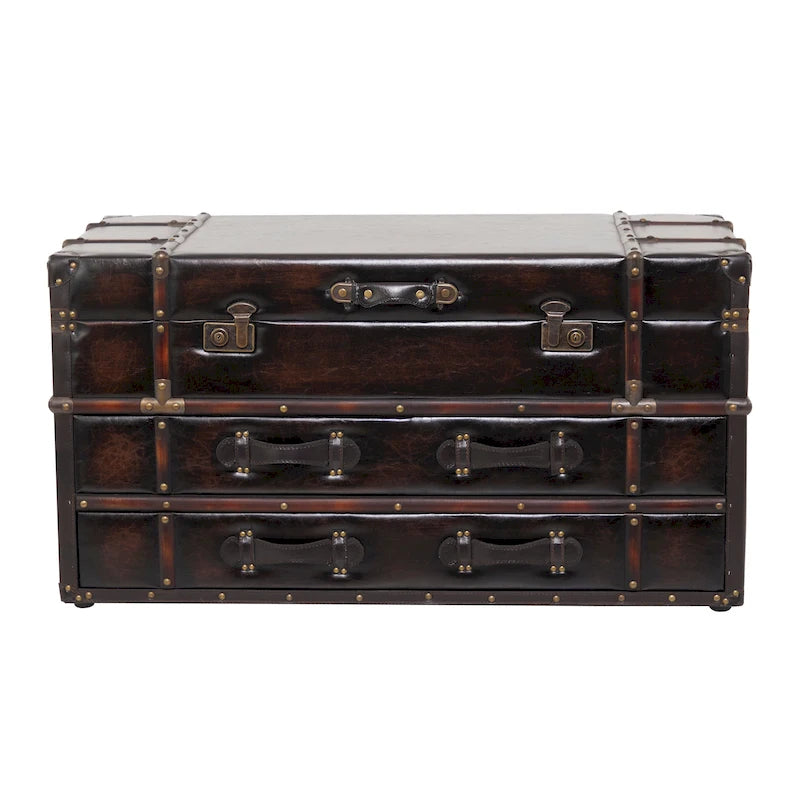 Table basse coffre en similicuir marron/bleu foncé avec 2 tiroirs et plateau à charnières