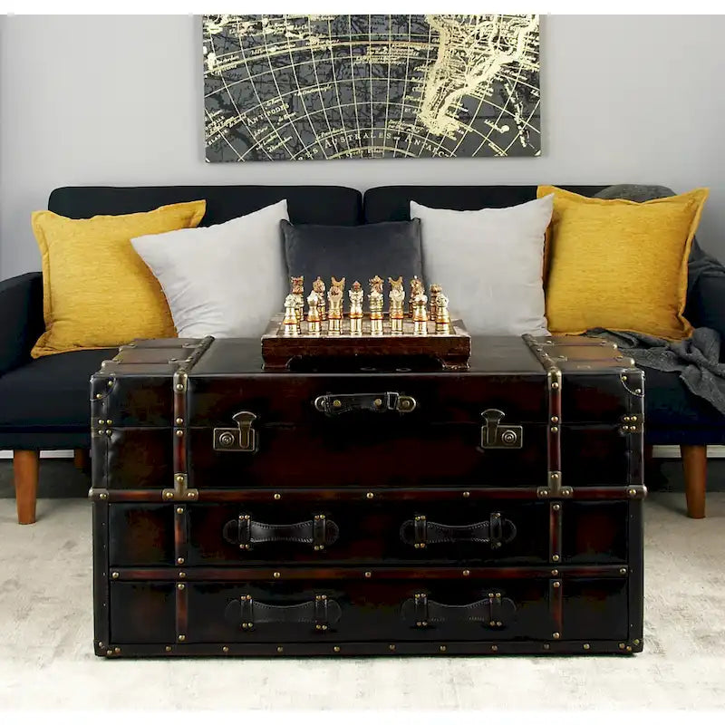 Table basse coffre en similicuir marron/bleu foncé avec 2 tiroirs et plateau à charnières