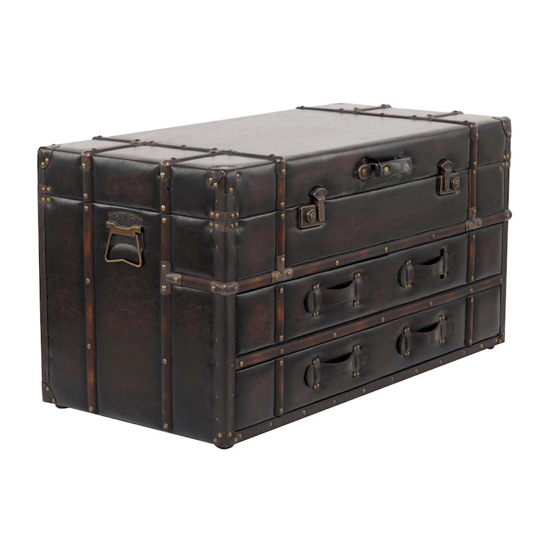 Table basse coffre en similicuir marron/bleu foncé avec 2 tiroirs et plateau à charnières