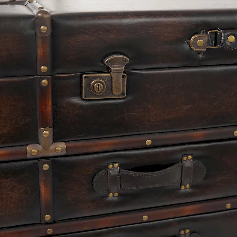 Table basse coffre en similicuir marron/bleu foncé avec 2 tiroirs et plateau à charnières