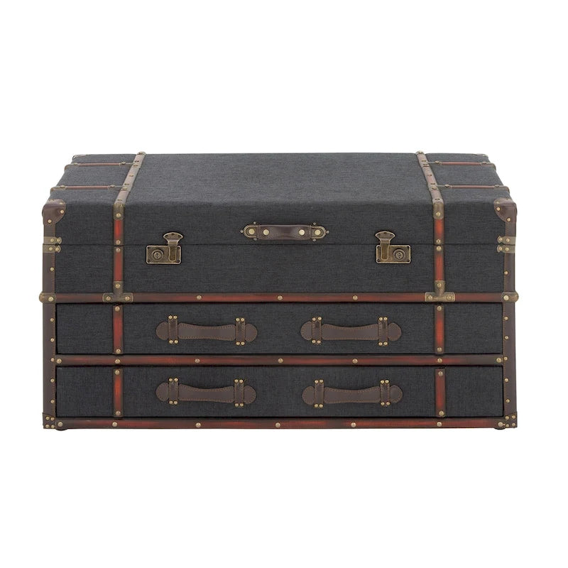 Table basse coffre en similicuir marron/bleu foncé avec 2 tiroirs et plateau à charnières