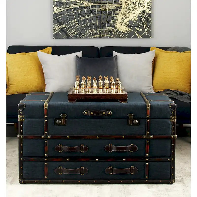 Table basse coffre en similicuir marron/bleu foncé avec 2 tiroirs et plateau à charnières