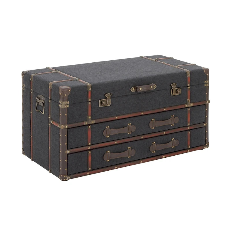 Table basse coffre en similicuir marron/bleu foncé avec 2 tiroirs et plateau à charnières