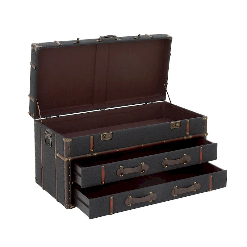 Table basse coffre en similicuir marron/bleu foncé avec 2 tiroirs et plateau à charnières