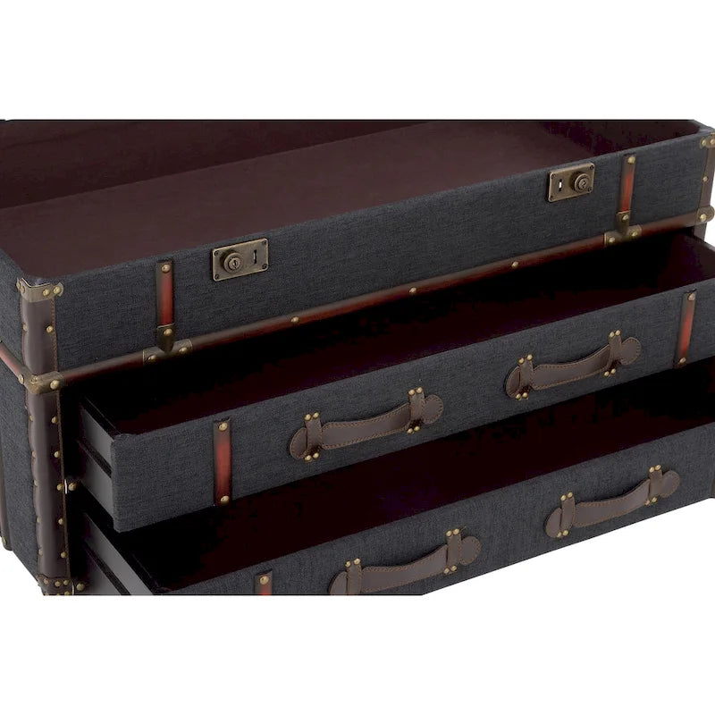 Table basse coffre en similicuir marron/bleu foncé avec 2 tiroirs et plateau à charnières
