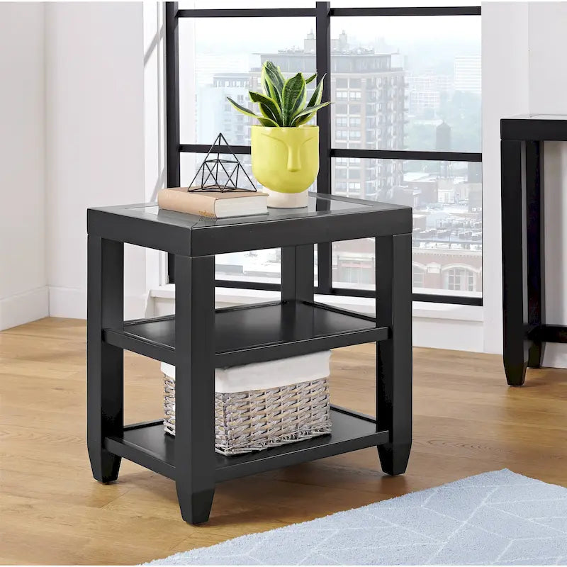 Table d'appoint avec plateau en verre noir/blanc, 2 étagères, simple