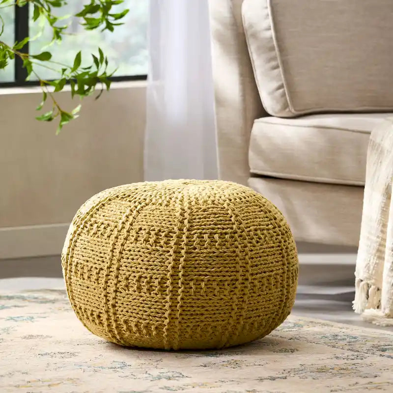 Pouf ottoman en coton tricoté à la main Bleu / Ivoire / Corail / Gris / Bleu marine / Jaune – Siège 1 personne