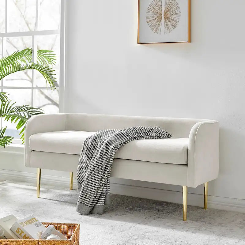 Banc en velours, crème et vert, style incurvé, 1 place