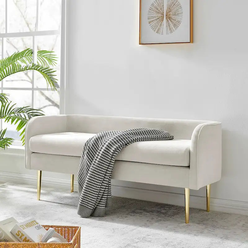 Banc en velours, crème et vert, style incurvé, 1 place