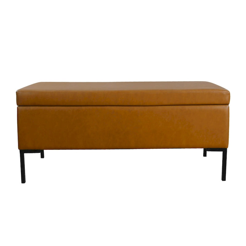 Banc de rangement en tissu gris tressé et similicuir caramel avec pieds en métal noir – 2 places