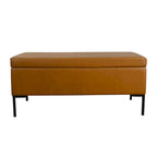 Banc de rangement en tissu gris tressé et similicuir caramel avec pieds en métal noir – 2 places