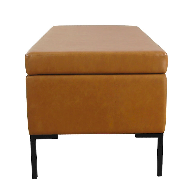 Banc de rangement en tissu gris tressé et similicuir caramel avec pieds en métal noir – 2 places