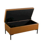 Banc de rangement en tissu gris tressé et similicuir caramel avec pieds en métal noir – 2 places