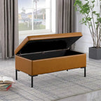 Banc de rangement en tissu gris tressé et similicuir caramel avec pieds en métal noir – 2 places