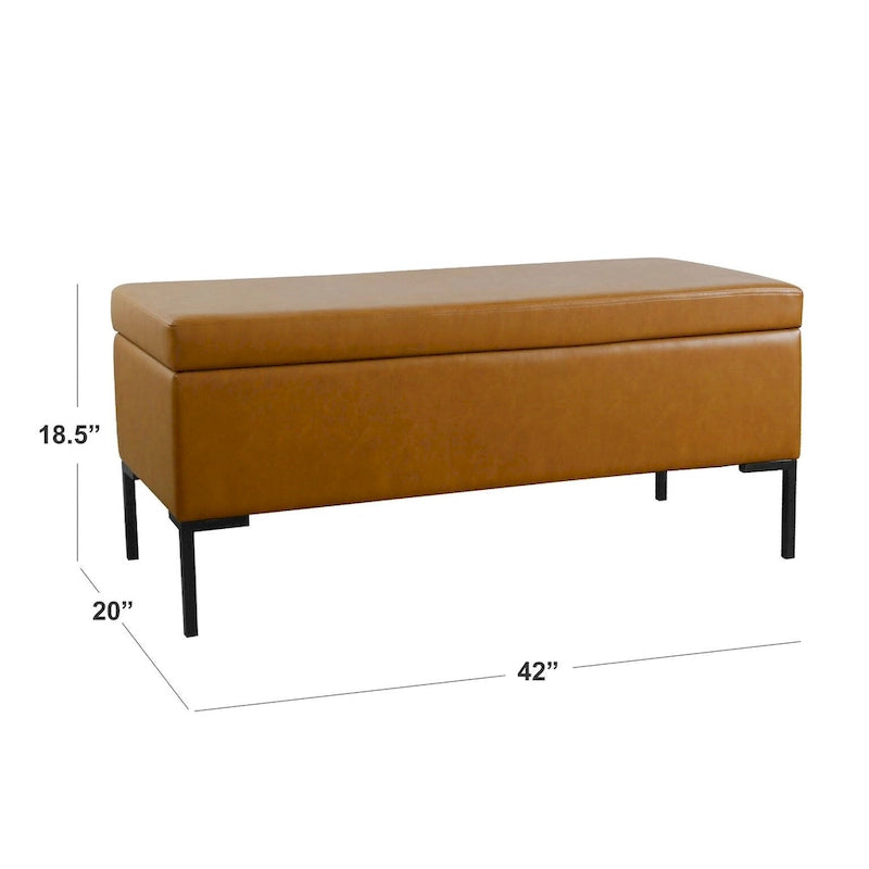 Banc de rangement en tissu gris tressé et similicuir caramel avec pieds en métal noir – 2 places