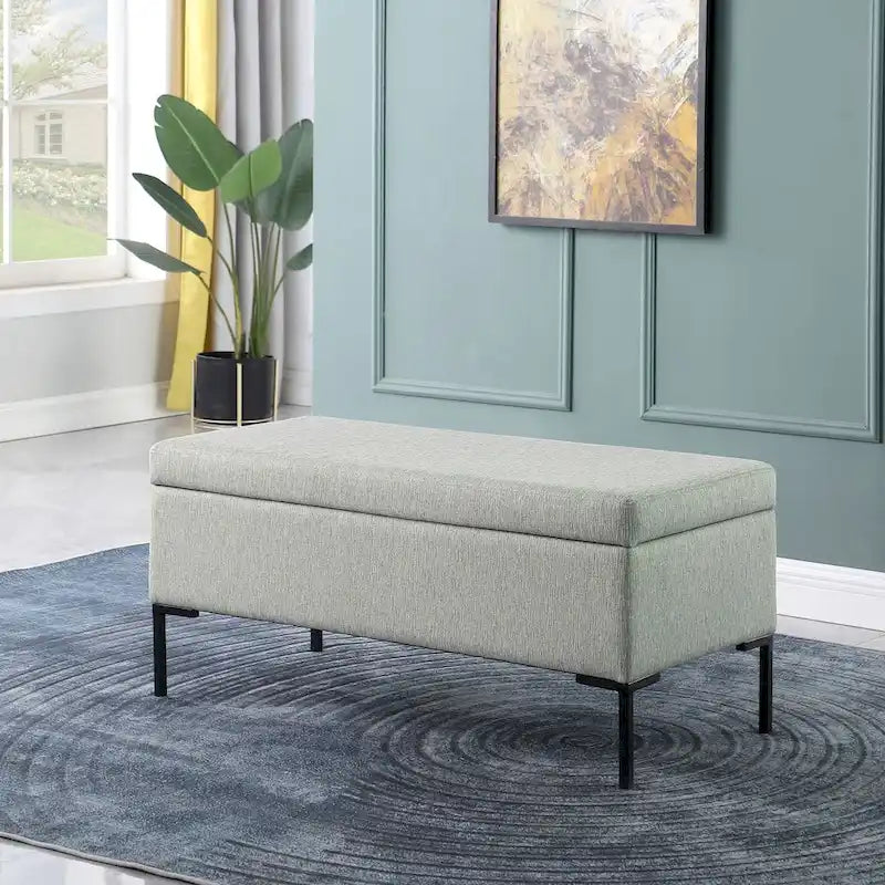 Banc de rangement en tissu gris tressé et similicuir caramel avec pieds en métal noir – 2 places