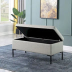 Banc de rangement en tissu gris tressé et similicuir caramel avec pieds en métal noir – 2 places