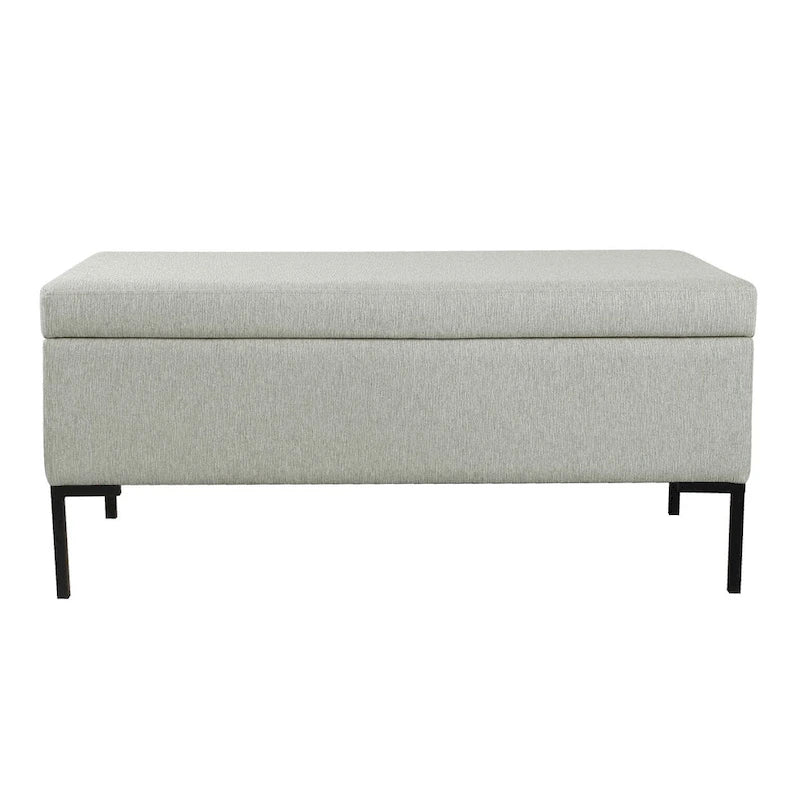 Banc de rangement en tissu gris tressé et similicuir caramel avec pieds en métal noir – 2 places
