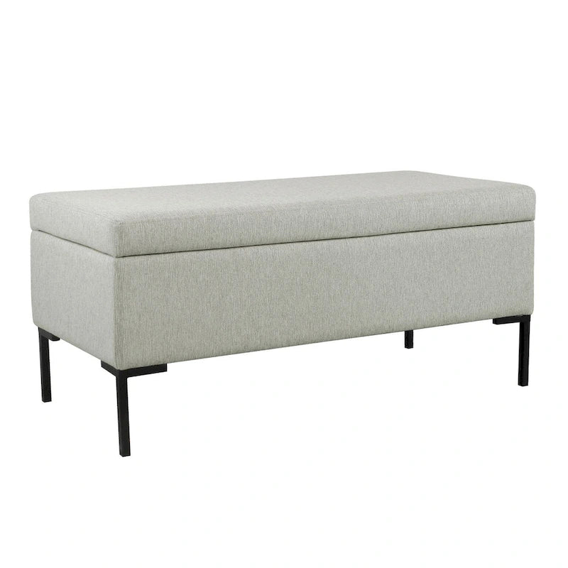 Banc de rangement en tissu gris tressé et similicuir caramel avec pieds en métal noir – 2 places