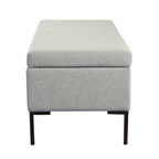 Banc de rangement en tissu gris tressé et similicuir caramel avec pieds en métal noir – 2 places
