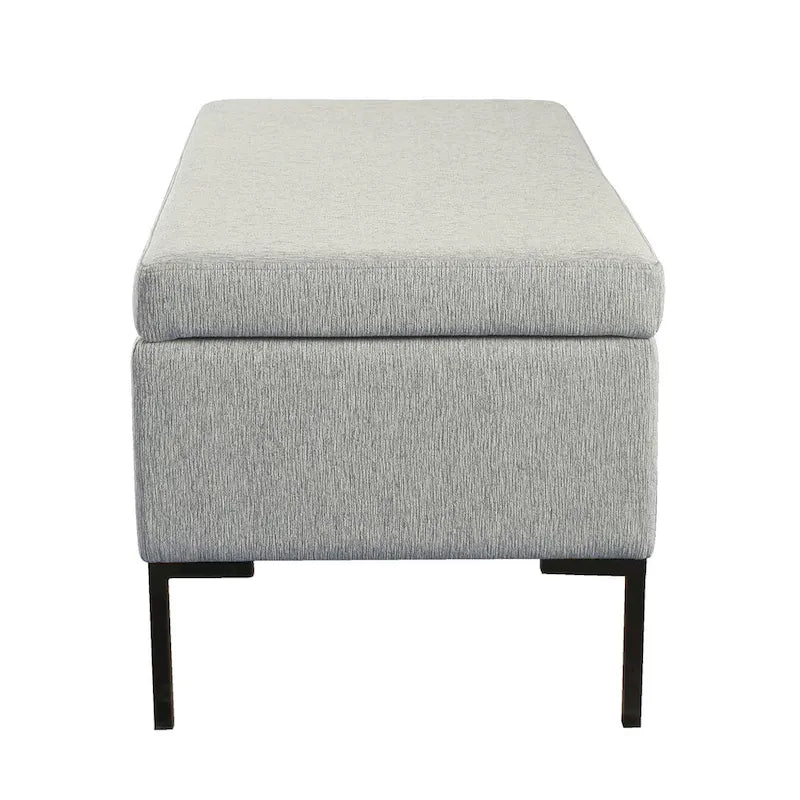 Banc de rangement en tissu gris tressé et similicuir caramel avec pieds en métal noir – 2 places