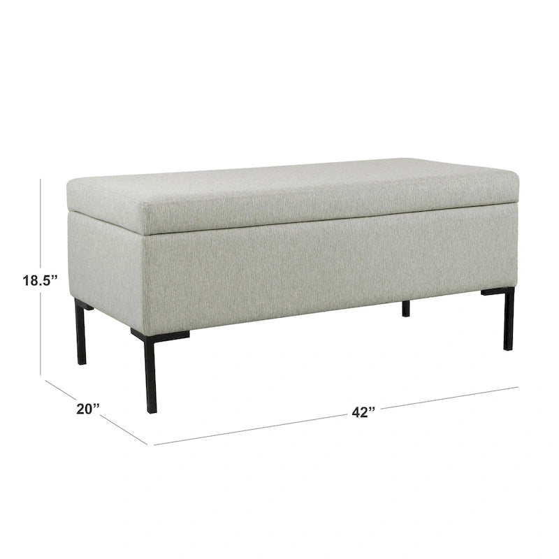 Banc de rangement en tissu gris tressé et similicuir caramel avec pieds en métal noir – 2 places