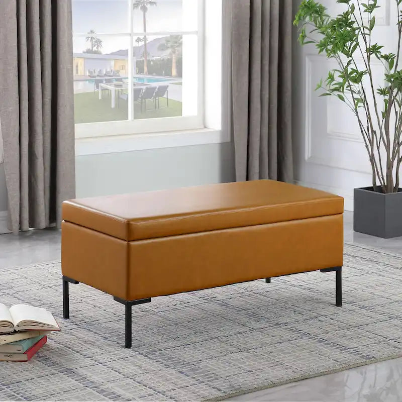 Banc de rangement en tissu gris tressé et similicuir caramel avec pieds en métal noir – 2 places