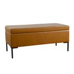 Banc de rangement en tissu gris tressé et similicuir caramel avec pieds en métal noir – 2 places