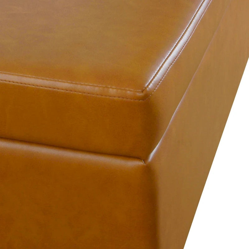 Banc de rangement en tissu gris tressé et similicuir caramel avec pieds en métal noir – 2 places